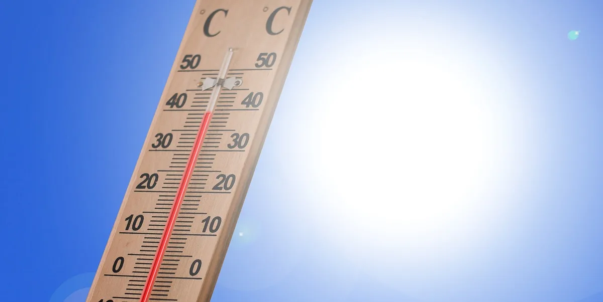 thermometre posé au centre d'un congélateur ouvert, glaçons et aliments visibles, intérieur propre