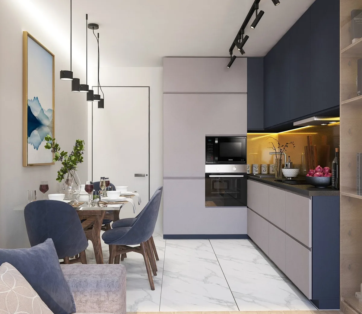 bright well-lit kitchen planning desk with hands holding a floorplan and material samples on table; small calculator and pen nearby