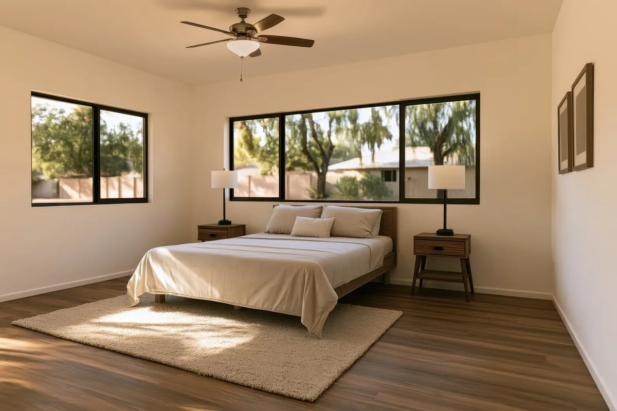 Hands scrubbing wooden wall with a soft brush, clean timber panels drying in sunlight